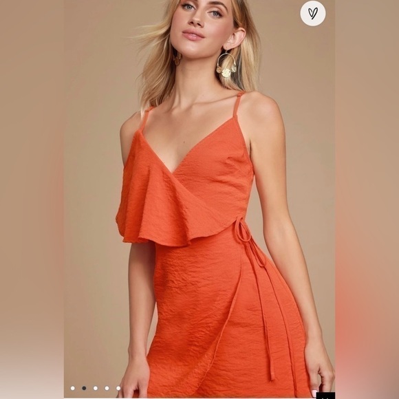 Lulus women’s Mia Rae orange asymmetrical mini wrap dress - Picture 4 of 10